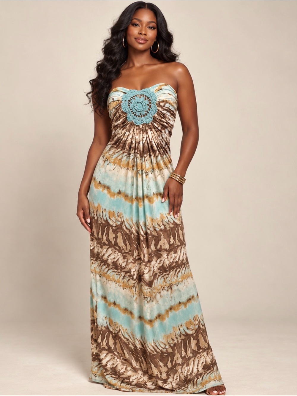 Sky Brand Strapless Crochet-Front Maxi Dress in Aqua and Brown Size L